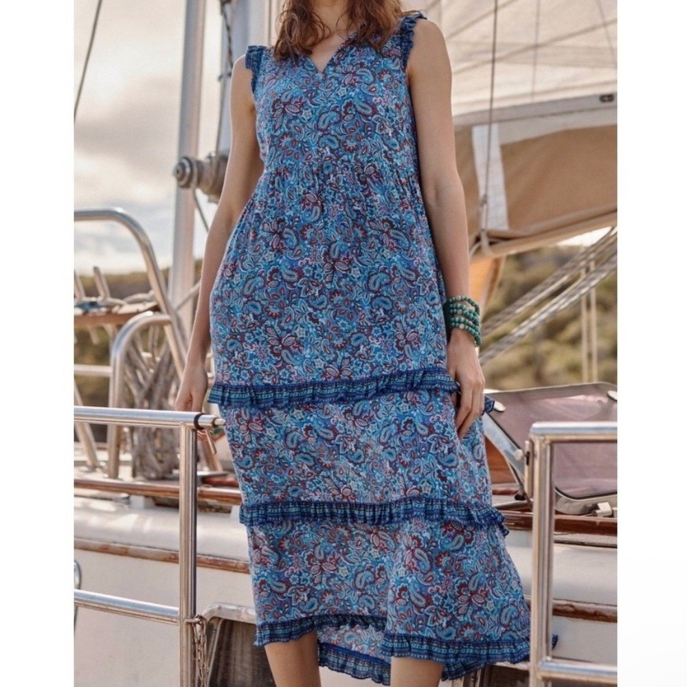 J. Jill Coastal Ruffled Tiered Midi Dress Royal Blue Cheerful Paisley Floral XL